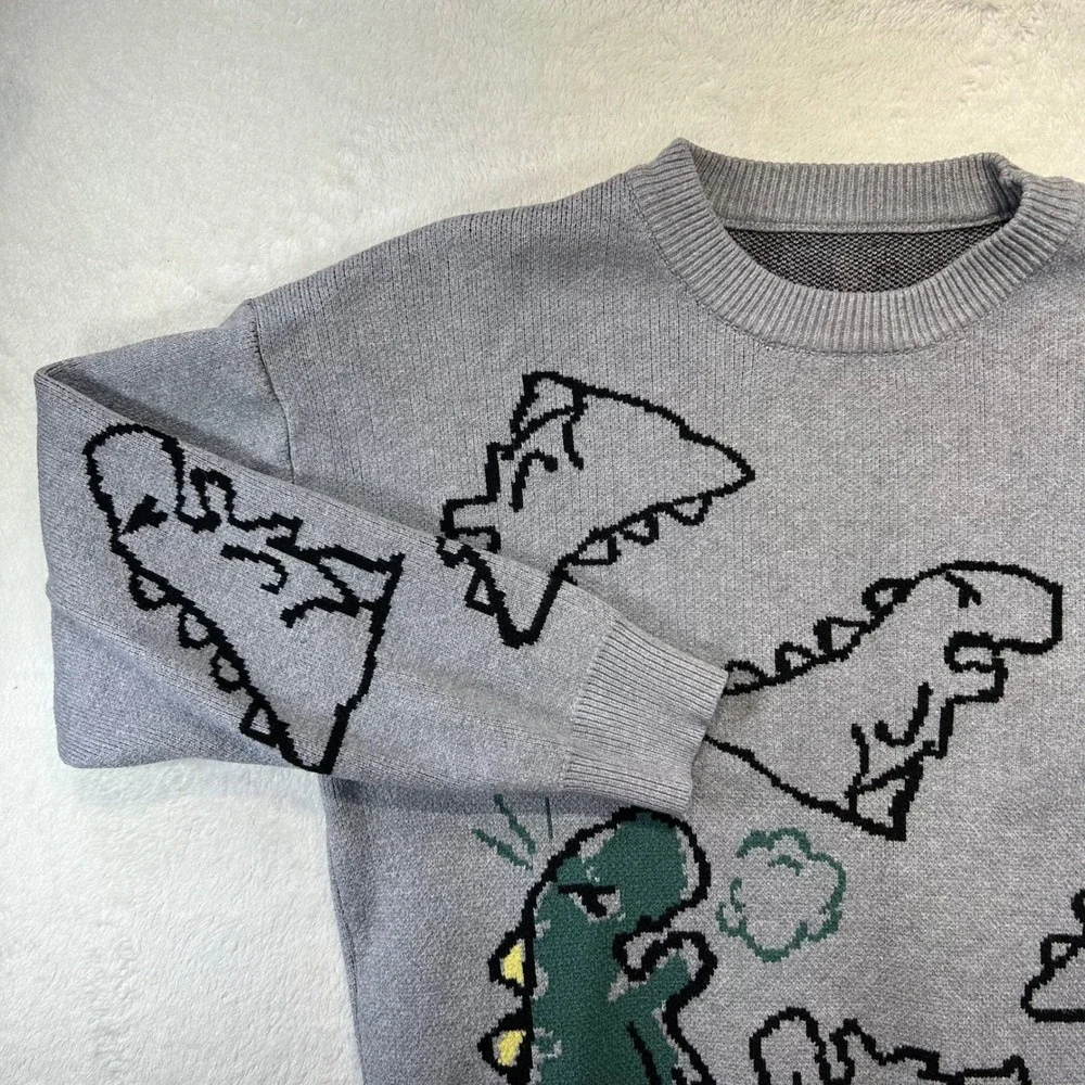 Kidcore Dinosaur Graphic Knit Sweater Large Grey Streetwear Indie Quirky Retro - Picture 2 of 6
